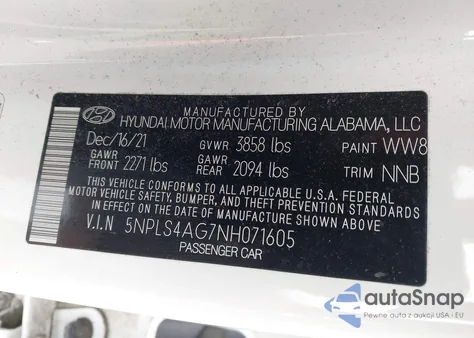 2022 Hyundai Elantra Sel z USA, uszkodzony, nr VIN 5NPLS4AG7NH071605